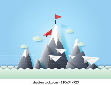 Business teamwork and leadership concept with Red paper plane change direction to the red flag.Paper art vector illustration.