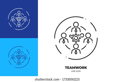 Business teamwork line art vector icon. Outline symbol of people group around gears. Cooperation pictogram made of thin stroke. Isolated on background.