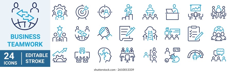 Business teamwork line blue web icons. Containing team, cooperation, group, people, organization, collaboration, communication, partnership, leadership, support, unity, community. Vector illustration