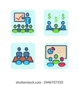 Business teamwork line icon set. Meeting, business growth, briefing, meeting, thoughts about earnings and money. Teamwork business concept. Vector illustrations for web design and apps