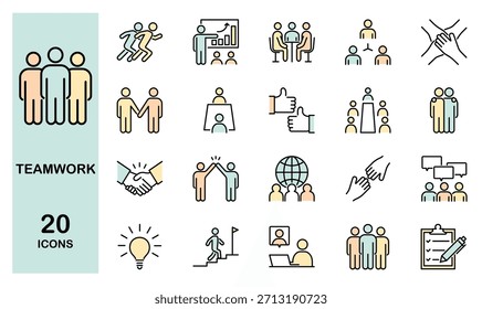 Business teamwork line icon set. Business team working together and human resources. Colored vector illustration