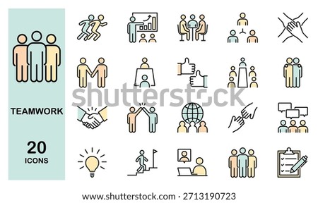 Business teamwork line icon set. Business team working together and human resources. Colored vector illustration