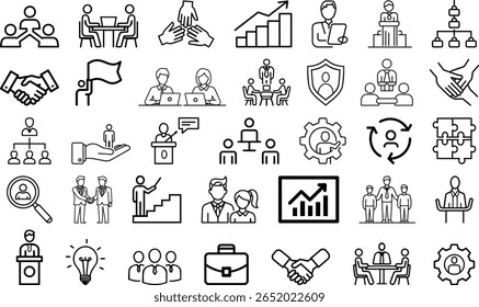 business and teamwork line icons pack, corporate strategy and leadership icon collection, minimalist business, office, hr line icon set
