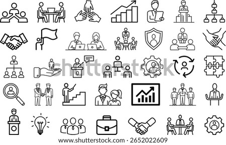 business and teamwork line icons pack, corporate strategy and leadership icon collection, minimalist business, office, hr line icon set