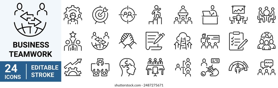 Business teamwork line web icons. Containing team, cooperation, group, people, organization, collaboration, communication, partnership, leadership, support, unity, community. Vector illustration