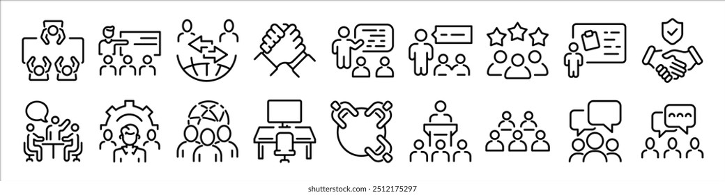 Iconos web de línea de trabajo en equipo de negocios. Conteniendo equipo, cooperacion, grupo, personas, organización, colaboracion, comunicacion, alianza, liderato, Asistencia, unidad, comunidad. Ilustración vectorial