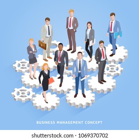 Business teamwork management conceptual. Business men and women standing on cogs and gears. Vector illustrations.