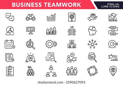 Business teamwork and management line icon set. Company, people, teamwork, office, work, growth, group line icons collection vector. Ui outline icon pack 