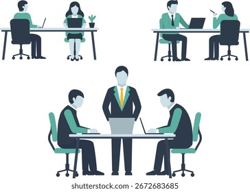 Trabalho em equipe de negócios com gerente e funcionários trabalhando em mesas, ilustração vetorial plana