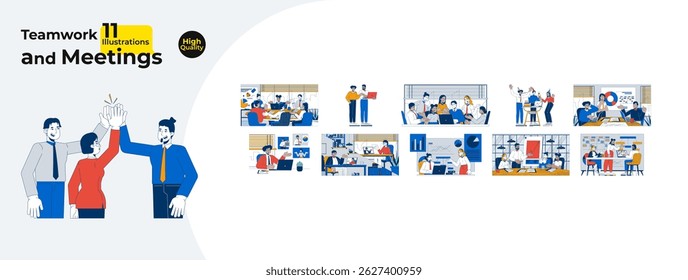 Trabalho em equipe de negócios e reuniões cartoon ilustrações plana mega pacote. Planejamento do projeto, brainstorming. Imagens 2D dos funcionários de escritório da equipe diversificadas isoladas em branco. Desenhos vetoriais de coleção coloridos