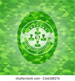 business teamwork and money icon inside green emblem with triangle mosaic background