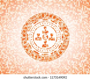 business teamwork and money icon inside orange mosaic emblem with background