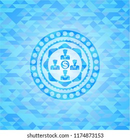 business teamwork and money icon inside light blue emblem with triangle mosaic background