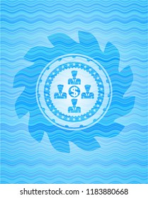business teamwork and money icon inside sky blue water wave emblem.