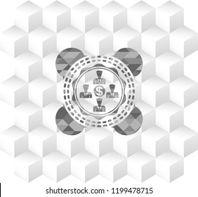 business teamwork and money icon inside grey badge with geometric cube white background