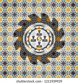 business teamwork and money icon inside arabesque style emblem. arabic decoration.