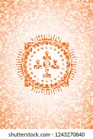 business teamwork and money icon inside orange tile background illustration. Square geometric mosaic seamless pattern with emblem inside.
