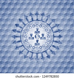 business teamwork and money icon inside blue emblem or badge with abstract geometric polygonal pattern background.