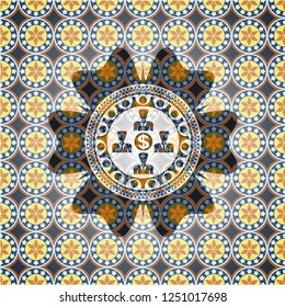 business teamwork and money icon inside arabic emblem background. Arabesque decoration.