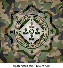business teamwork and money icon inside camo emblem