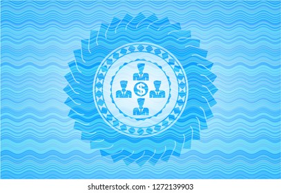 business teamwork and money icon inside light blue water style badge.