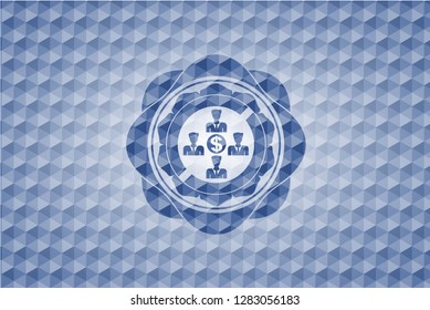 business teamwork and money icon inside blue hexagon badge.