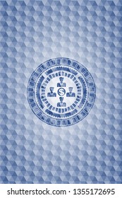 business teamwork and money icon inside blue badge with geometric background.