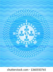 business teamwork and money icon inside sky blue water wave emblem background.