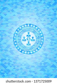 business teamwork and money icon inside realistic sky blue mosaic emblem