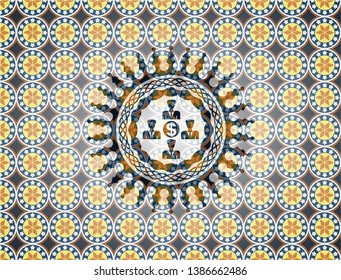 business teamwork and money icon inside arabic style emblem. Arabesque decoration.