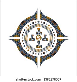 business teamwork and money icon inside arabic style badge. Arabesque decoration.