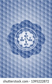 business teamwork and money icon inside blue polygonal badge.