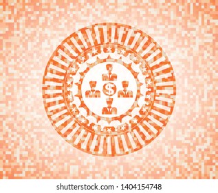 business teamwork and money icon inside abstract emblem, orange mosaic background