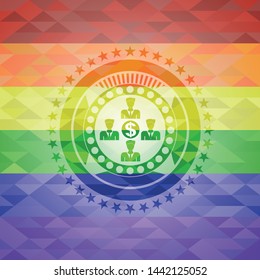 business teamwork and money icon inside emblem on mosaic background with the colors of the LGBT flag