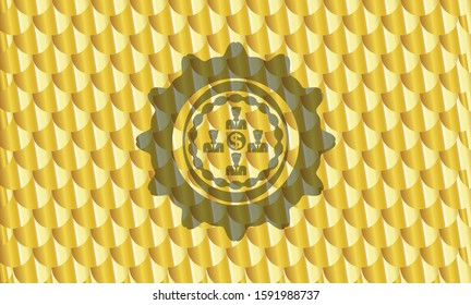 business teamwork and money icon inside shiny golden emblem. Scales pattern. Vector Illustration. Detailed.