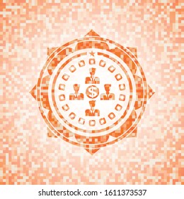 business teamwork and money icon inside orange mosaic emblem with background