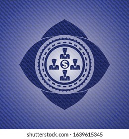business teamwork and money icon inside badge with denim texture