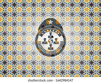 business teamwork and money icon inside arabesque emblem. arabic decoration.