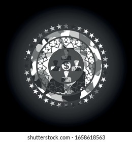 business teamwork and money icon inside grey camouflaged emblem
