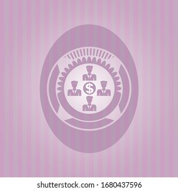 business teamwork and money icon inside realistic pink emblem