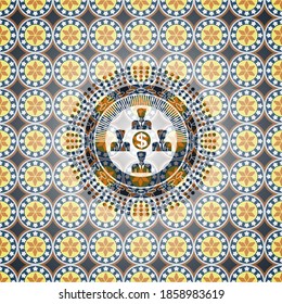 business teamwork and money icon inside arabic style badge. Arabesque decoration. 