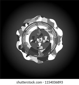 business teamwork and money icon on grey camouflaged pattern