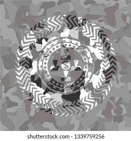 business teamwork and money icon on grey camouflaged texture