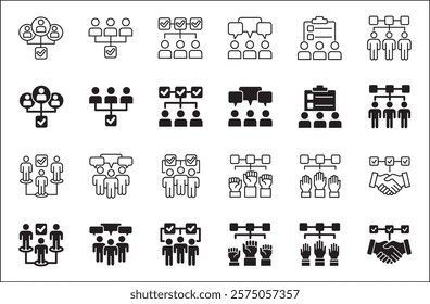 Business teamwork and network vector icon set. Cooperation business thin line icons. Contains symbol icons of connection, management, team, group, relationship, leadership, deliberation, forum.