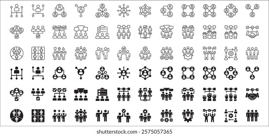 Business teamwork and network vector icon set. Cooperation business thin line icons. Contains symbol icons of connection, management, team, group, relationship, leadership, deliberation, forum.