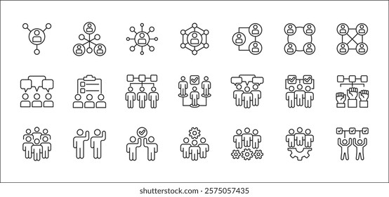 Business teamwork and network vector icon set. Cooperation business thin line icons. Contains symbol icons of connection, management, team, group, relationship, leadership, deliberation, forum.