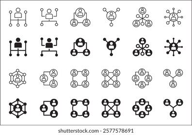 Business teamwork and network vector icon set. Cooperation business thin line icons. Contains symbol icons of connection, management, team, group, relationship, leadership, deliberation, forum.