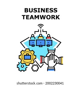 Business Teamwork Occupation Vector Icon Concept. Business Teamwork Occupation In Company Office For Success Goal Achievement And Development. Online Team Work Process Color Illustration