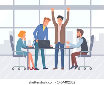 Business and teamwork, office interior and workers vector. Meeting or conference, laptop on desk and panoramic window, downtown or city center, businessman. Office room with big window
