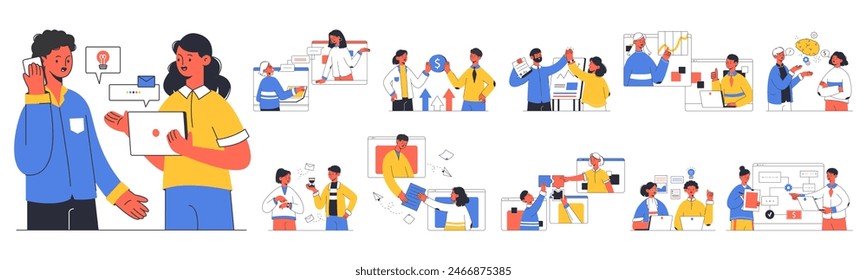 Trabajo en equipo. Conjunto de Ilustraciones vectoriales planas de comunicación, lluvia de ideas y colaboración de personas que trabajan en la oficina. Escenas de flujo de trabajo del equipo empresarial